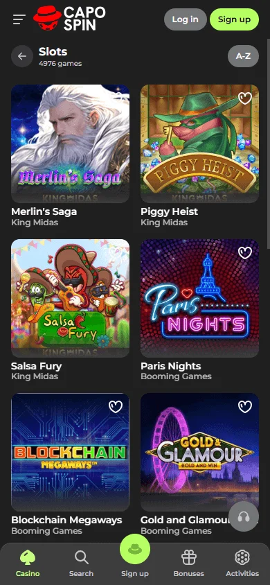 Capospin Casino mobile games experience with casino and live game categories