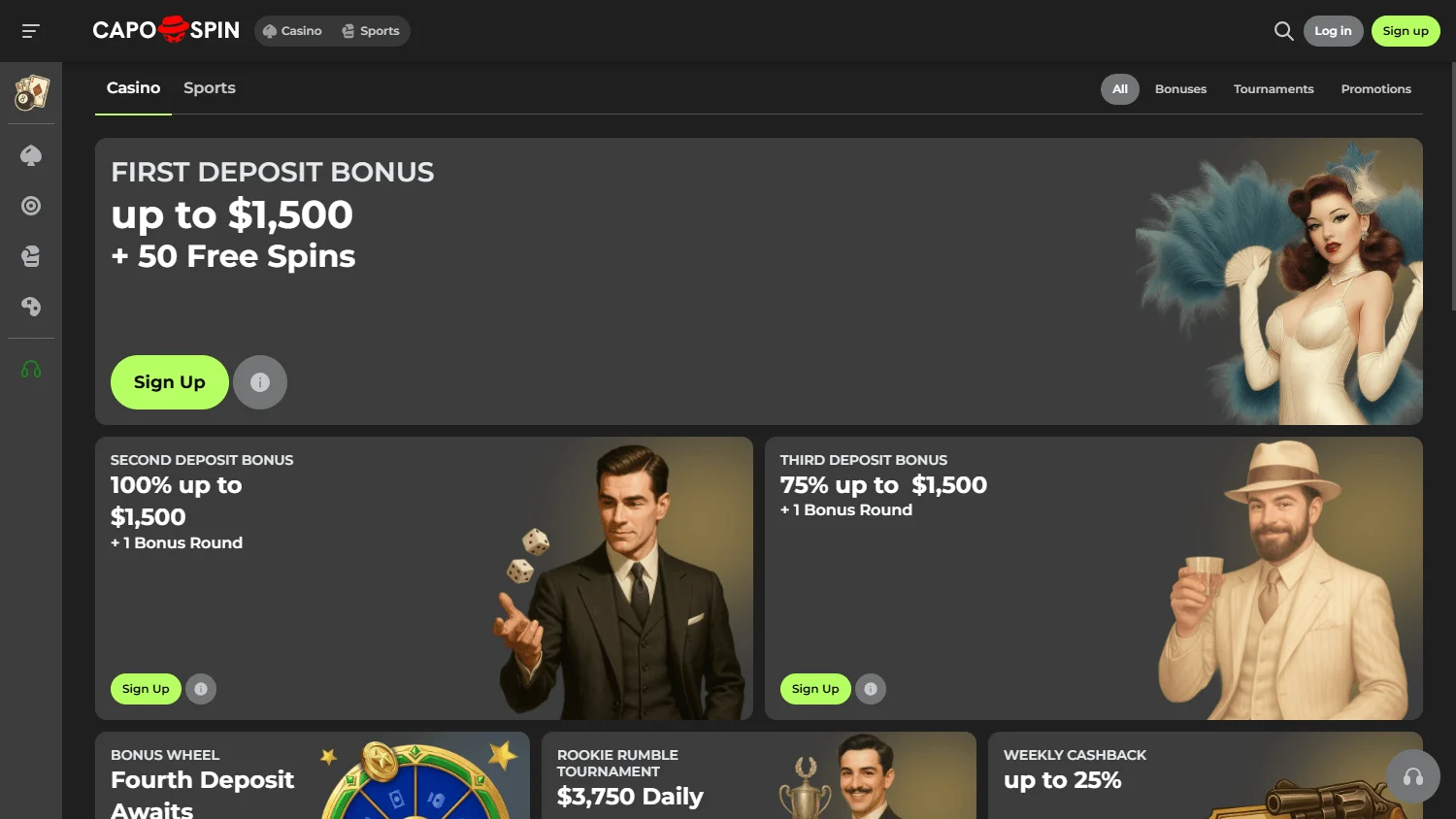 Capospin Casino desktop promotions area with welcome and ongoing offers
