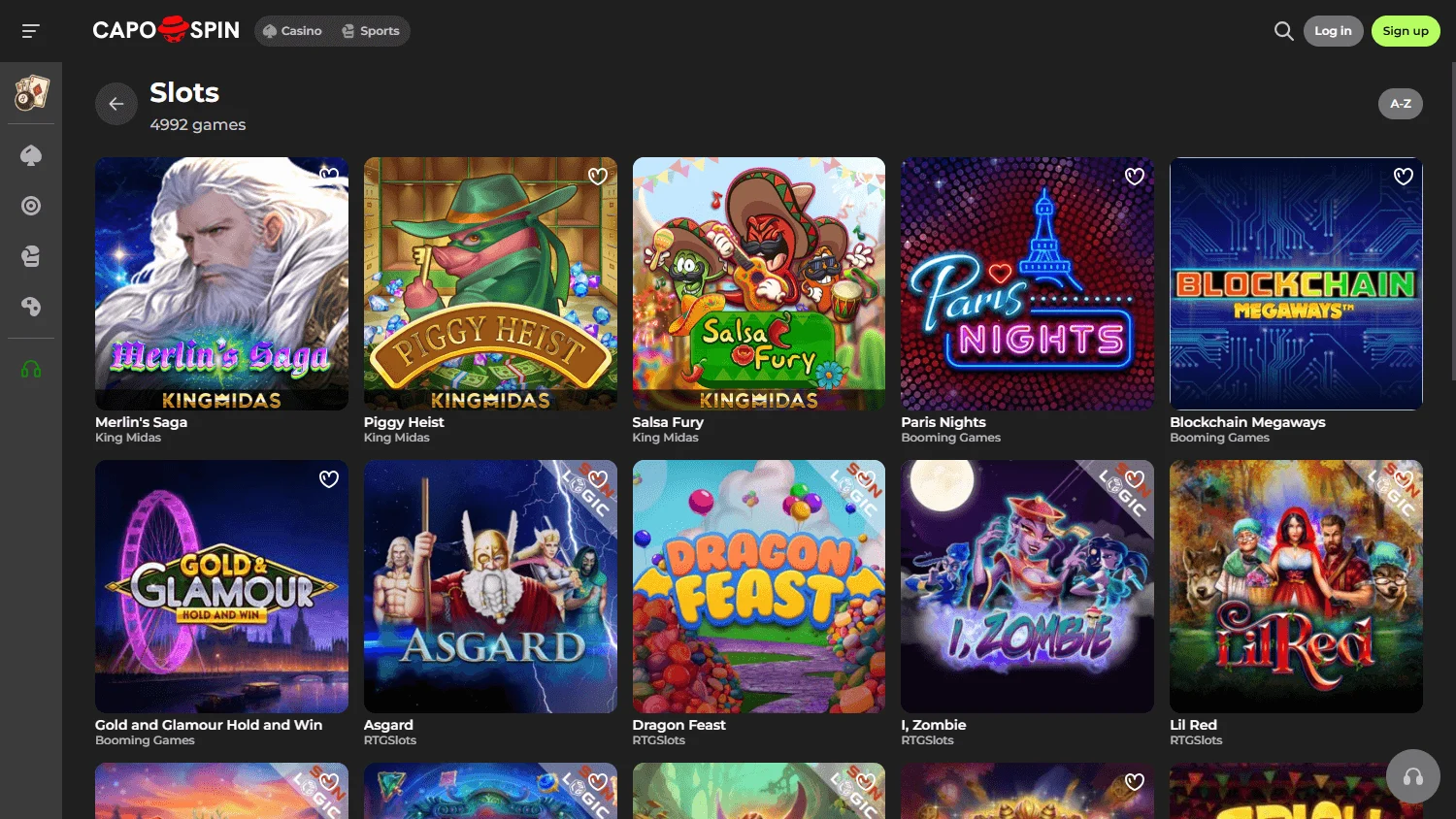 Capospin Casino desktop games area with casino categories and game choices
