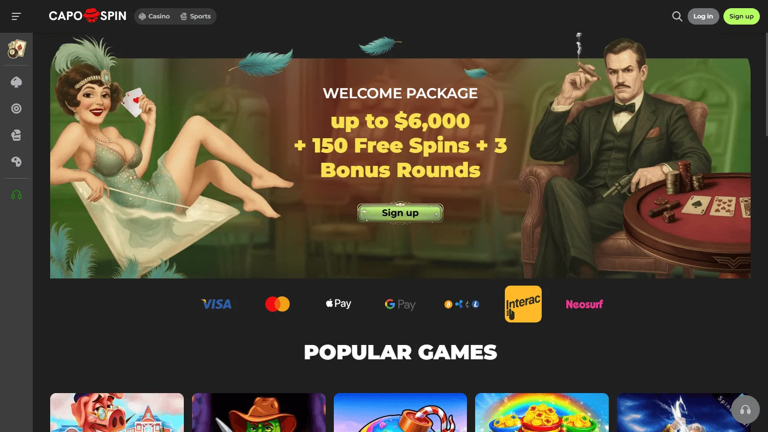 Capospin Casino desktop home experience with casino access and account features